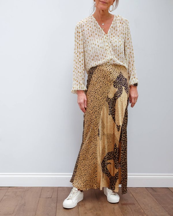 RIXO Parker skirt in gold patchwork leopard Cheap