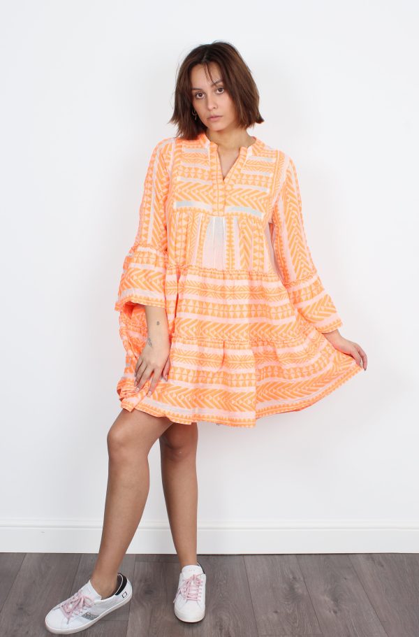 Ella Dress 193 in Neon Orange and Off White For Cheap