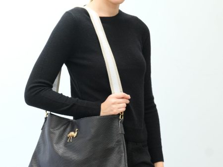 SLP Zaza bag in black with ostrich motif, silver strap For Discount