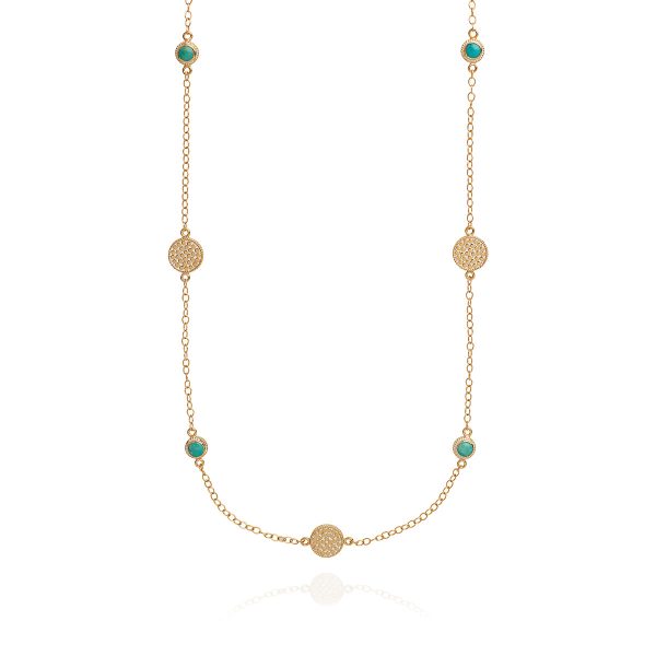 AB NK10085 Long multi disc necklace in gold, turquoise Sale