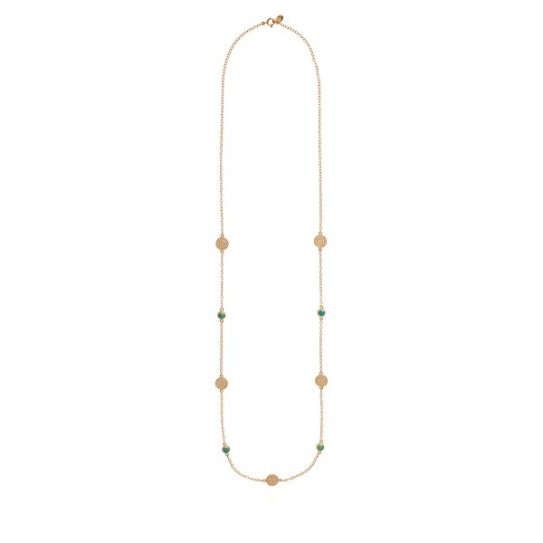 AB NK10085 Long multi disc necklace in gold, turquoise Sale