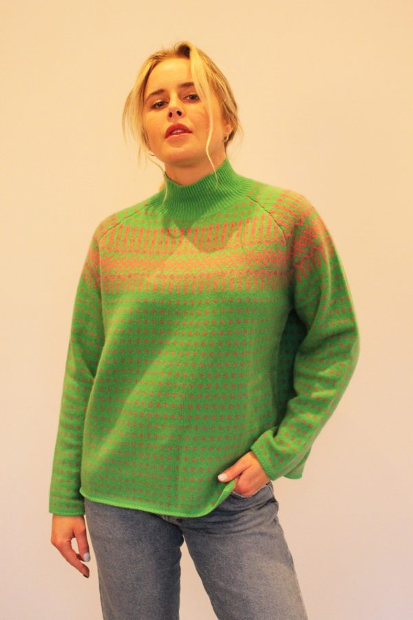 JU Nordic Winter Sweater in Bright Green & Grey Online Hot Sale